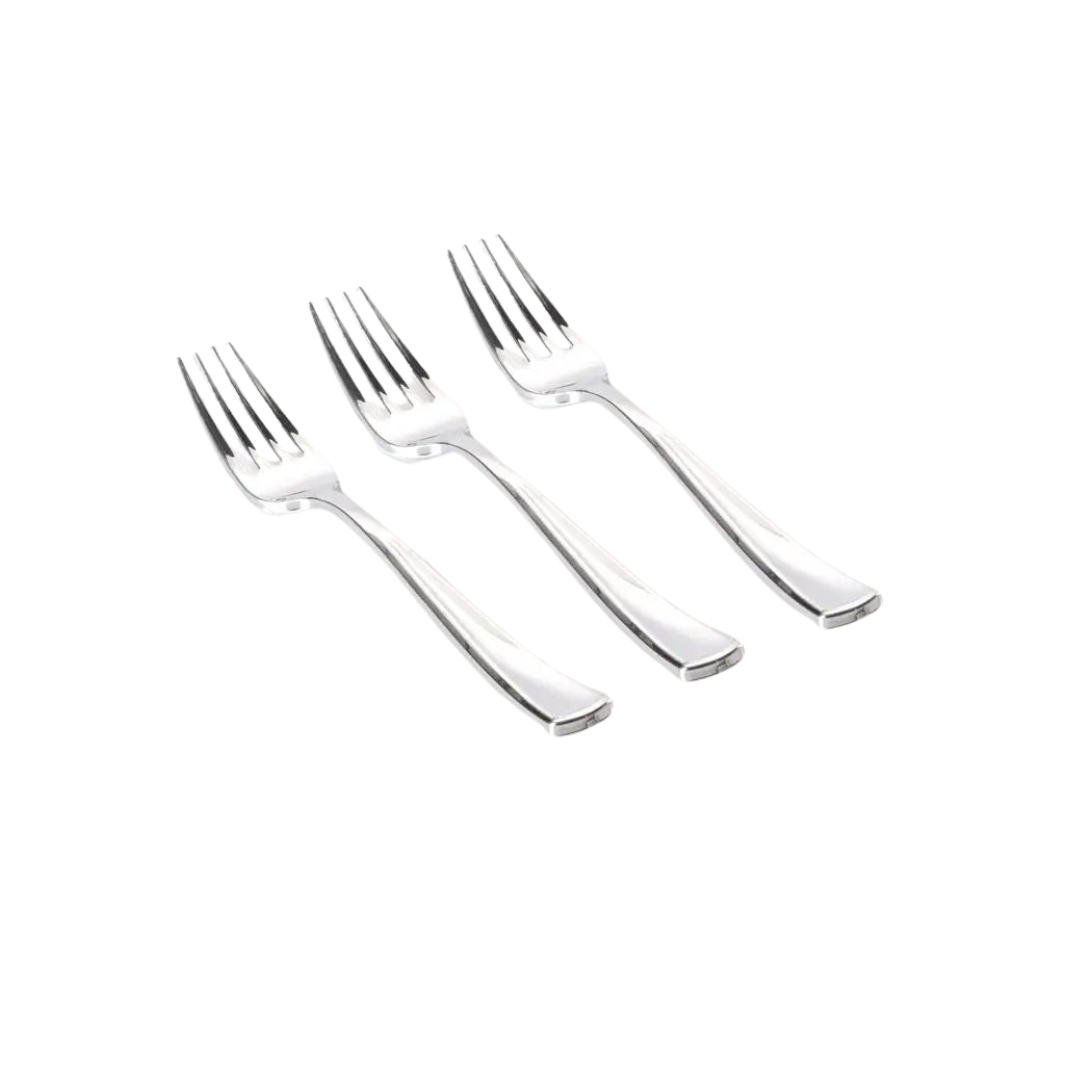 Silver plastic forks in classic design formal dining from Parte Haus party supply store in Bethesda Maryland