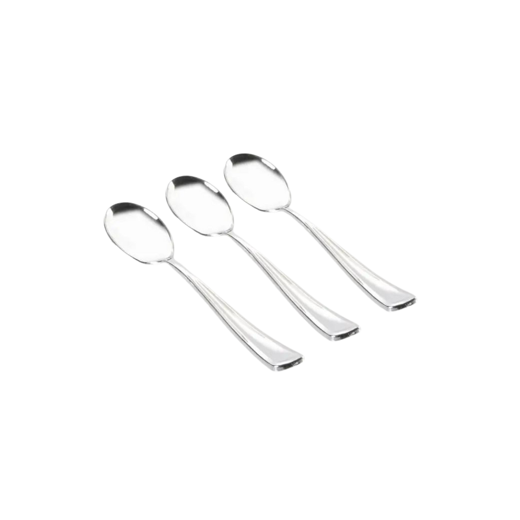 Silver plastic spoons with classic design for events from Parte Haus party supply store in Bethesda Maryland