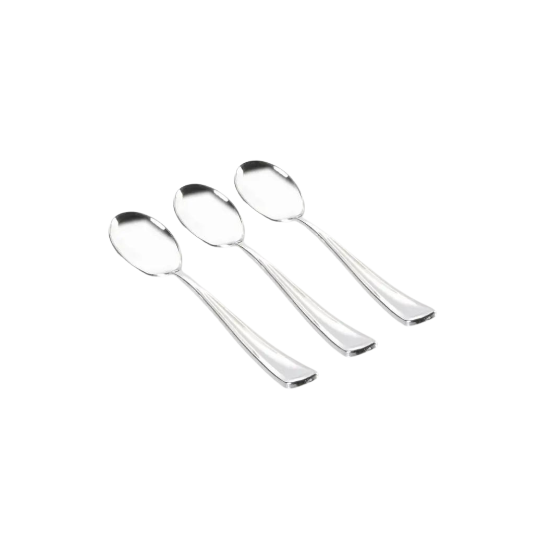 Silver plastic spoons with classic design for events from Parte Haus party supply store in Bethesda Maryland