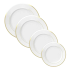 White and gold plastic plates with classic round shape for weddings from Parte Haus party supply store in Bethesda MD