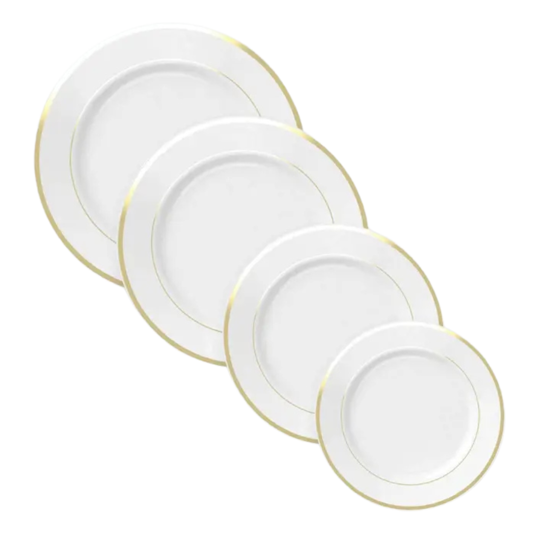 White and gold plastic plates with classic round shape for weddings from Parte Haus party supply store in Bethesda MD