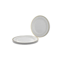 White and gold plastic round plates elegant dinnerware for events from Parte Haus party supply store in Bethesda MD
