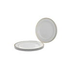 White and gold plastic round plates elegant dinnerware for events from Parte Haus party supply store in Bethesda MD