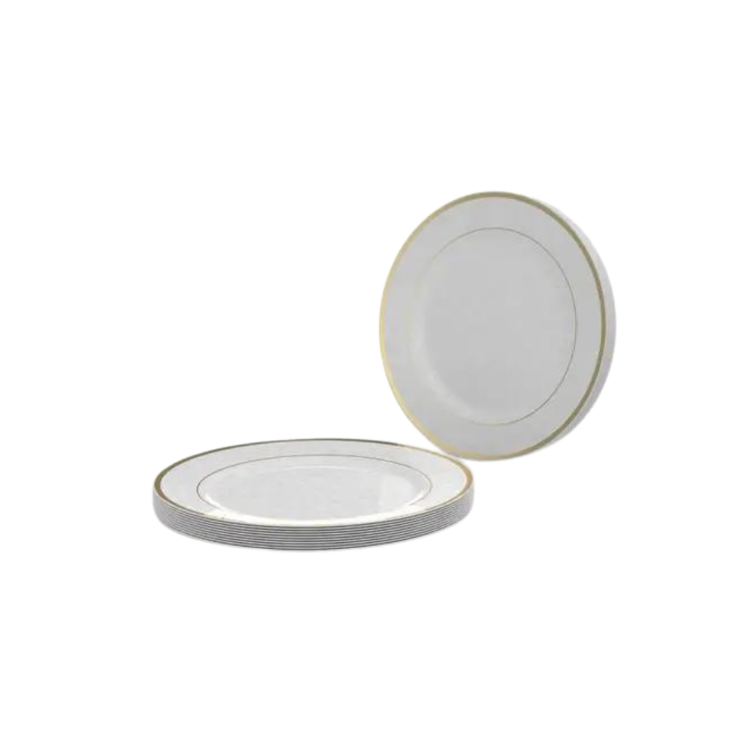 White and gold plastic round plates elegant dinnerware for events from Parte Haus party supply store in Bethesda MD