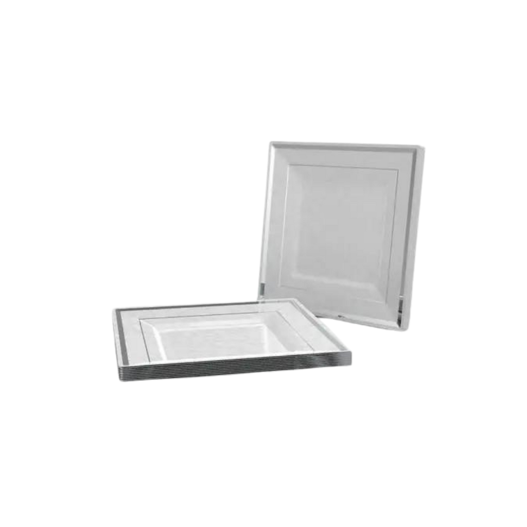 White silver square plastic plates elegant tableware from Parte Haus party supply store in Bethesda Maryland
