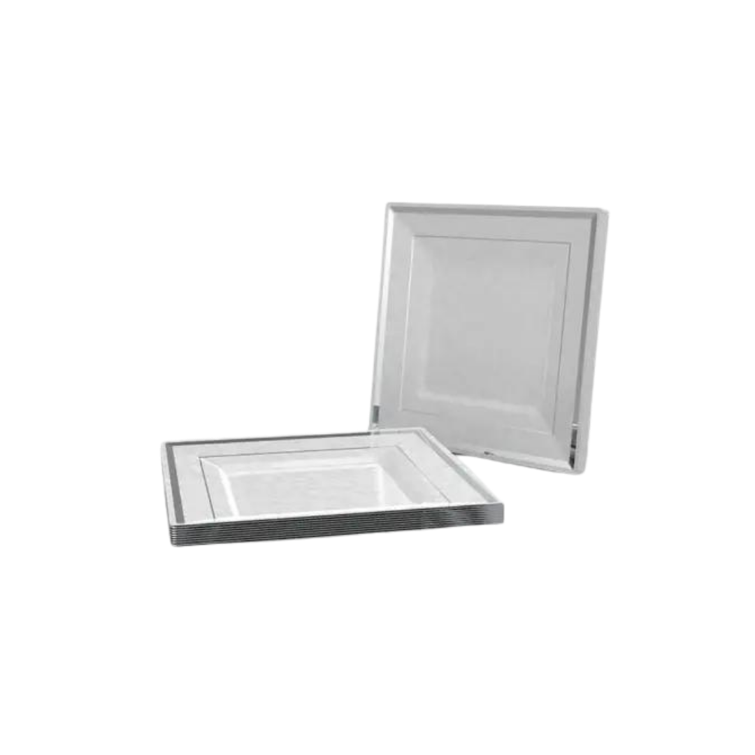 White silver square plastic plates elegant tableware from Parte Haus party supply store in Bethesda Maryland