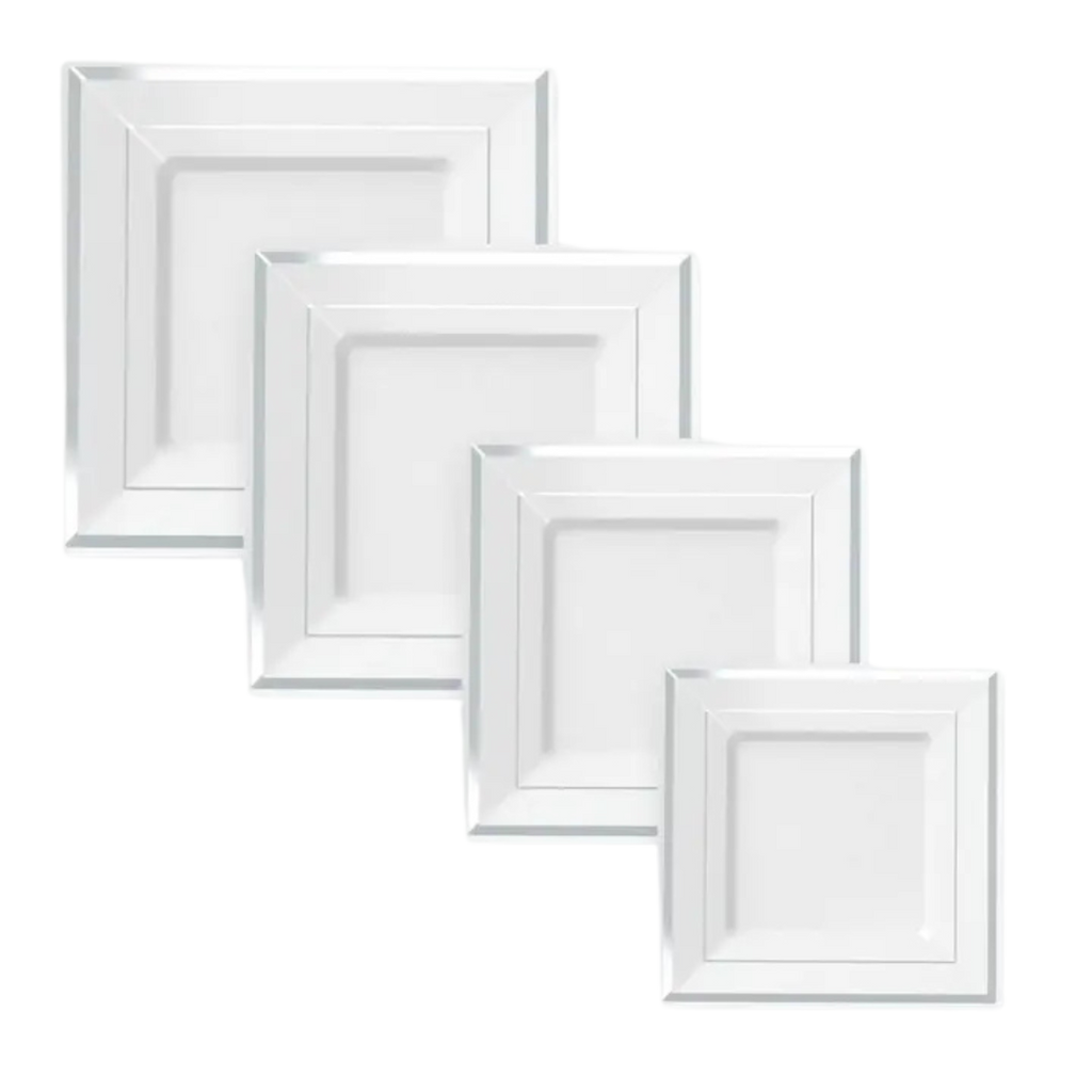 White and silver square plastic plates with a classic design for celebrations from Parte Haus party supply store in Bethesda MD
