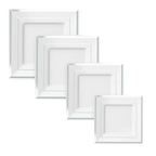 White and silver square plastic plates with a classic design for celebrations from Parte Haus party supply store in Bethesda MD