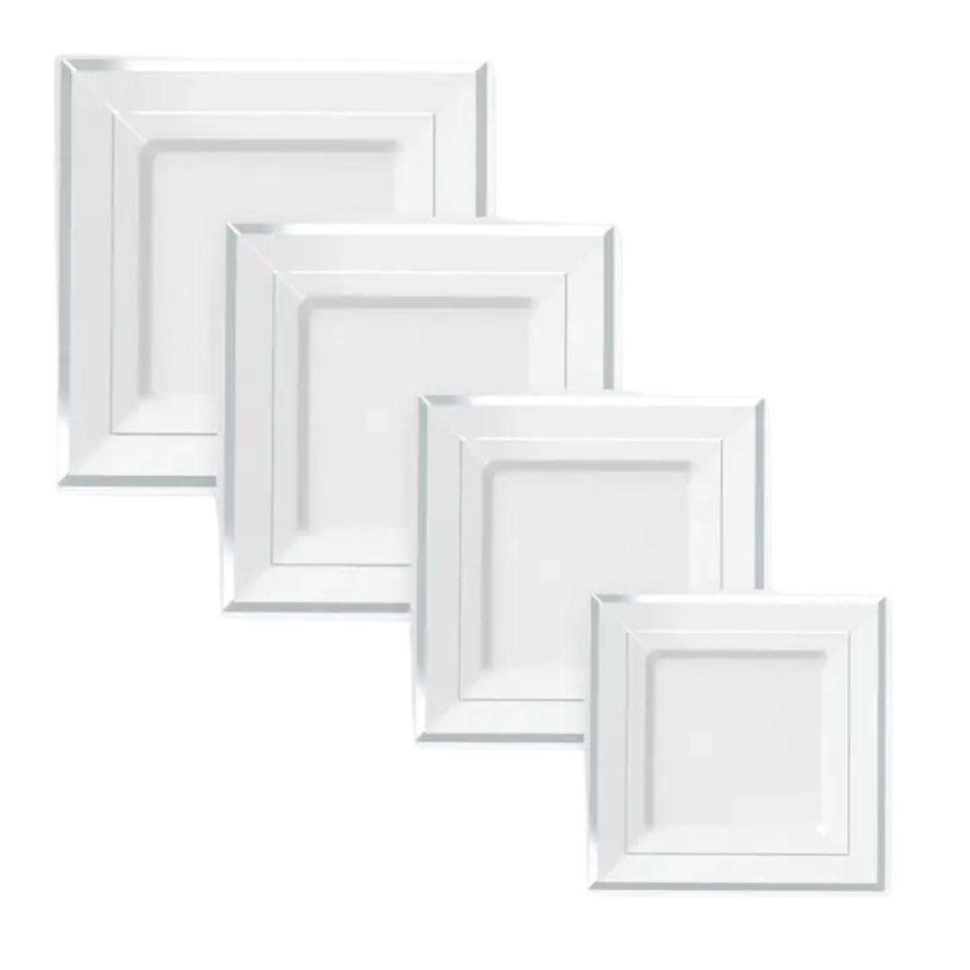 White and silver square plastic plates with a classic design for celebrations from Parte Haus party supply store in Bethesda MD