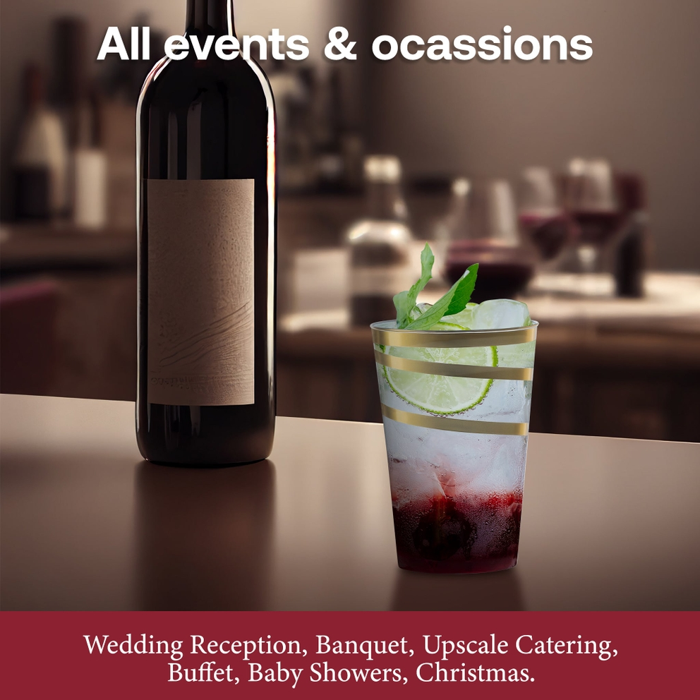 Clear with gold swirl plastic tumblers with ice and lime for upscale events from Parte Haus party supply store in Bethesda Maryland