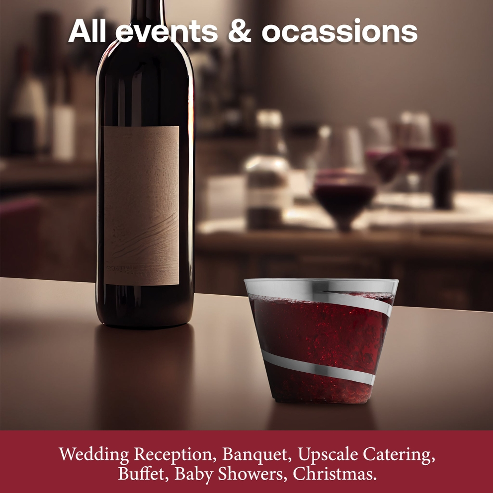 Clear with silver swirl plastic cup for wedding or banquet from Parte Haus party supply store in Bethesda MD