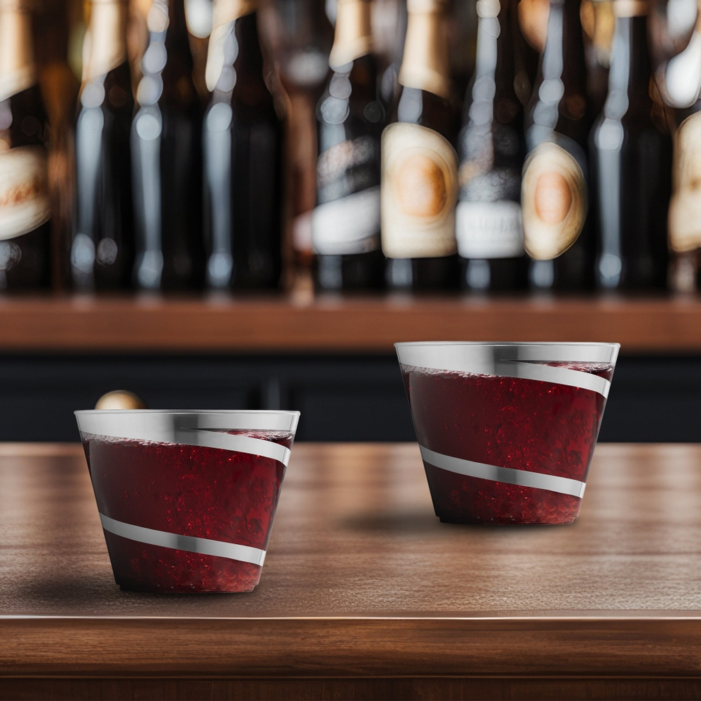 Clear with silver swirl plastic cups for cocktail parties from Parte Haus party supply store in Bethesda Maryland