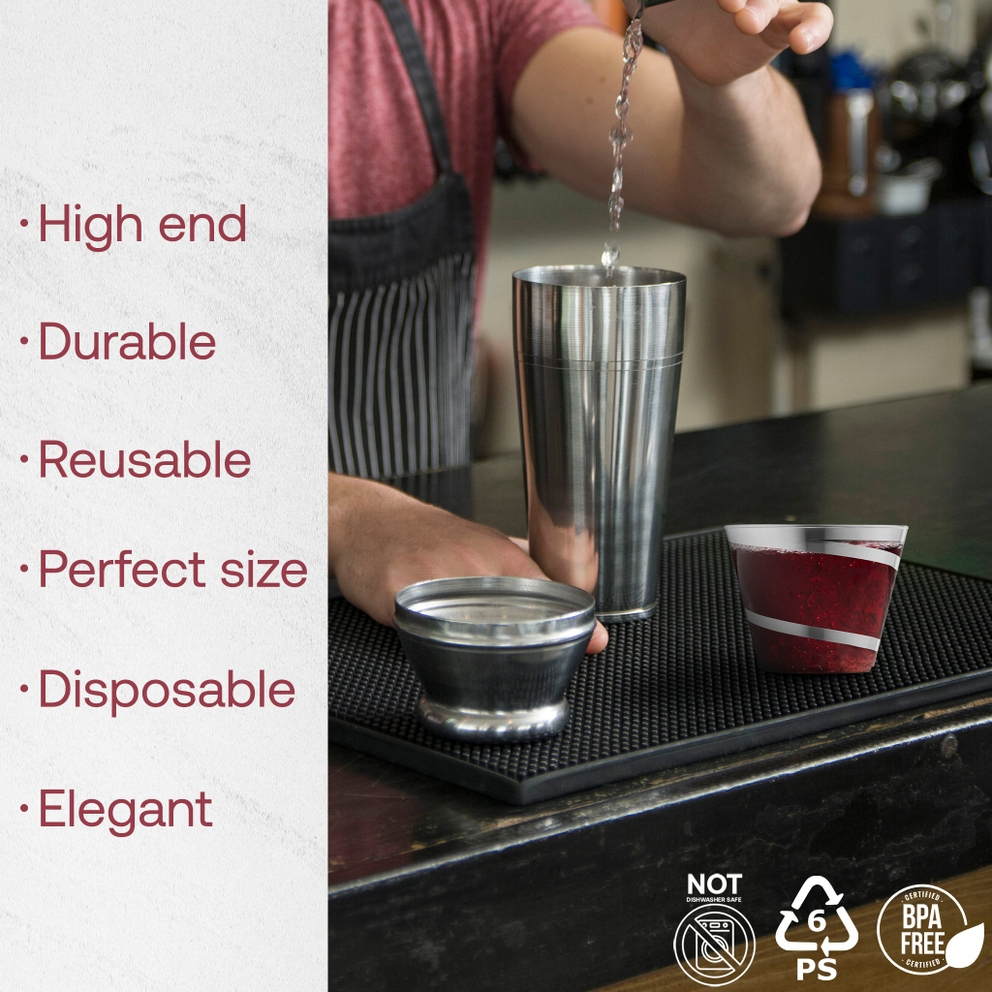 Clear with silver swirl plastic cups elegant modern style from Parte Haus party supply store in Bethesda MD