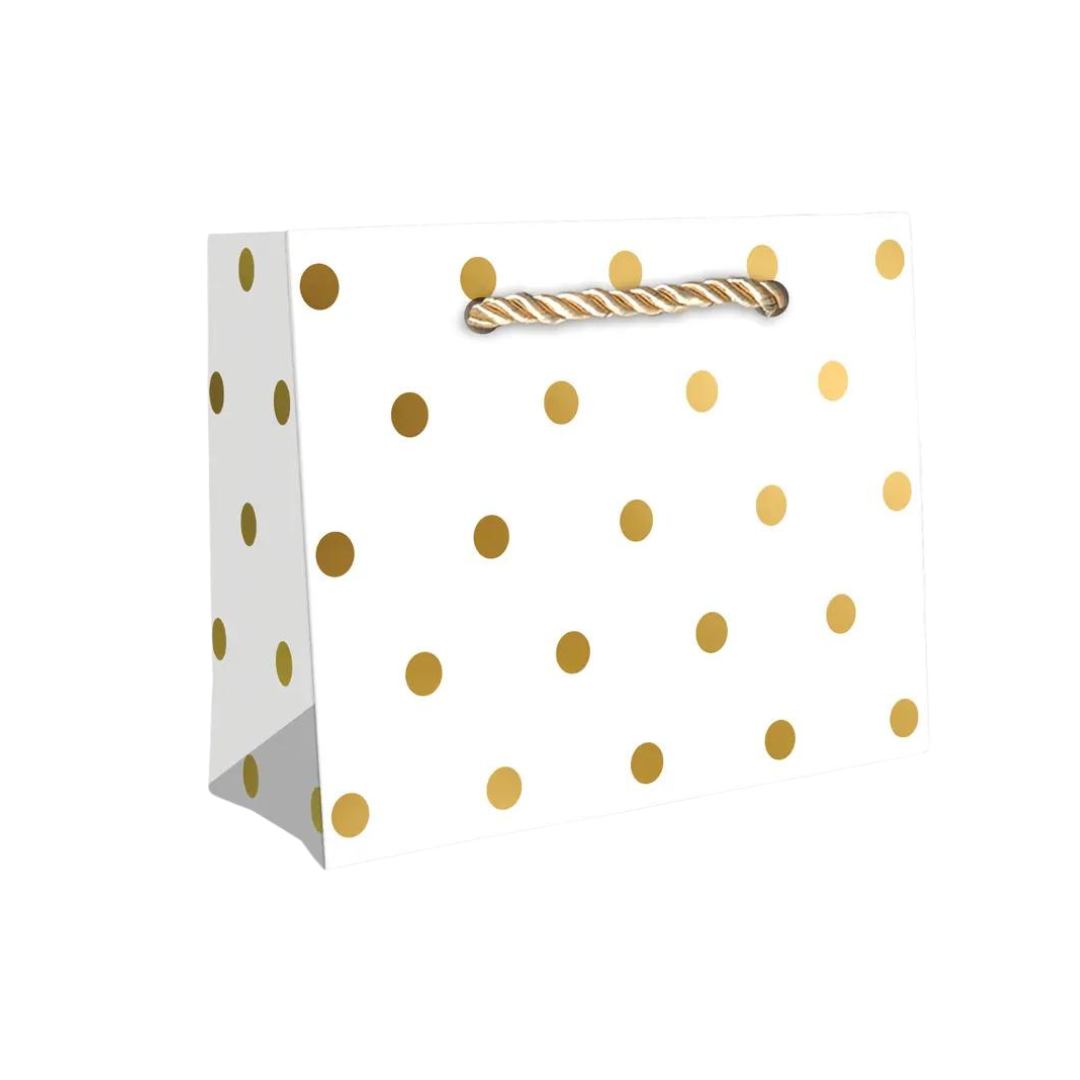 White and gold polka dot gift bag with rope handle birthday from Parte Haus party supply store in Bethesda Maryland