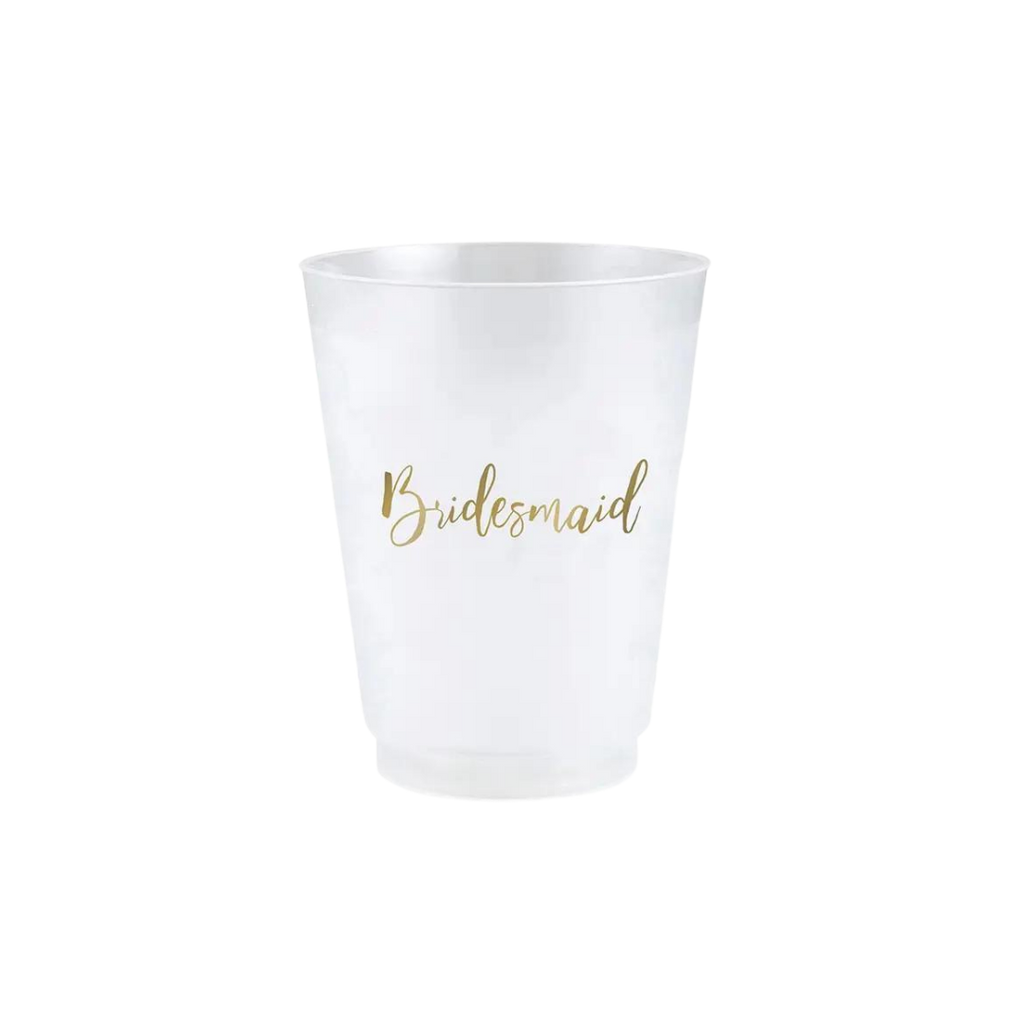 White bridesmaid cup with gold script for bridal shower from Parte Haus party supply store in Bethesda Maryland
