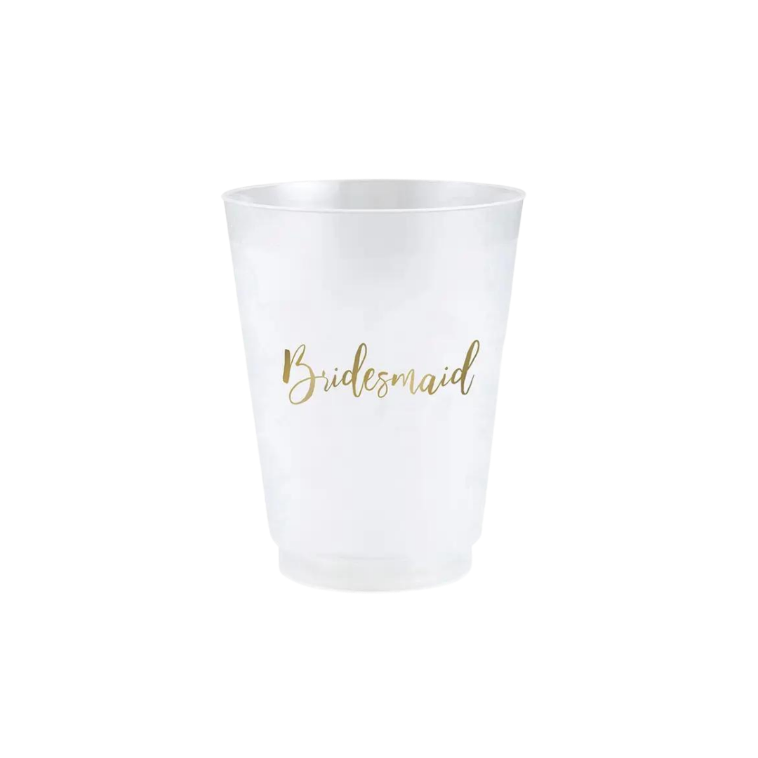 White bridesmaid cup with gold script for bridal shower from Parte Haus party supply store in Bethesda Maryland