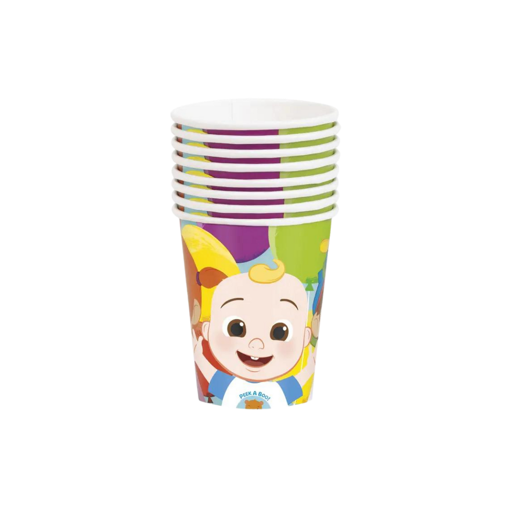 Colorful Cocomelon paper cups with cartoon baby design kids birthday theme from Parte Haus party supply store in Bethesda MD