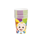 Colorful Cocomelon paper cups with cartoon baby design kids birthday theme from Parte Haus party supply store in Bethesda MD