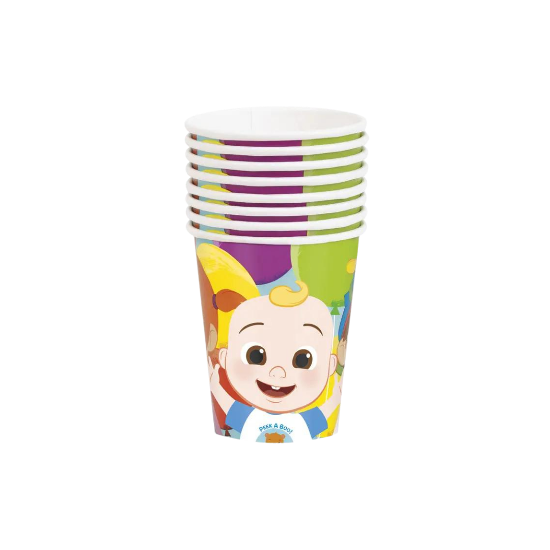 Colorful Cocomelon paper cups with cartoon baby design kids birthday theme from Parte Haus party supply store in Bethesda MD