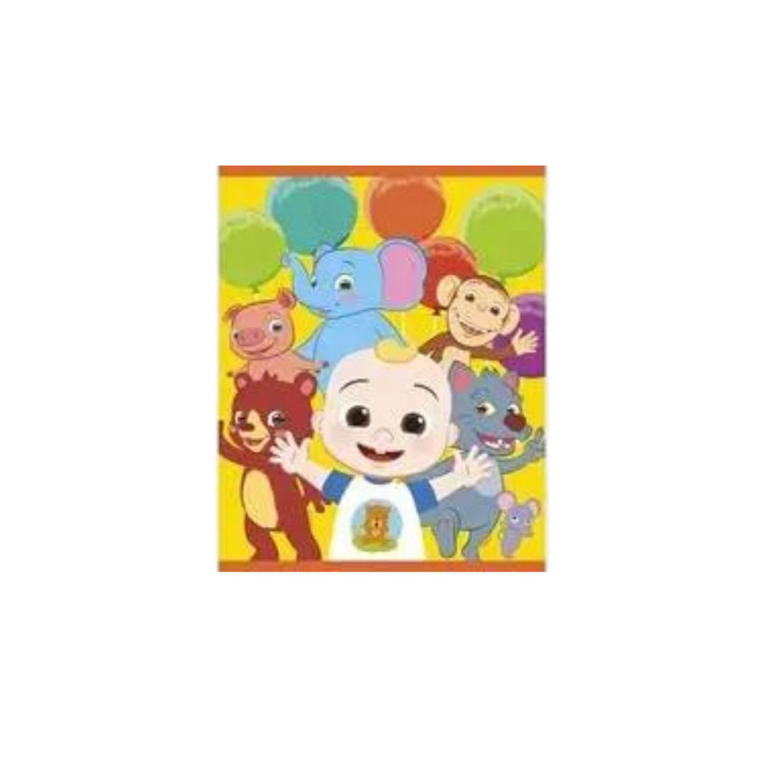 Yellow Cocomelon plastic loot bag with cartoon animals and balloons for kids birthday from Parte Haus party supply store in Bethesda MD