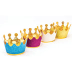Colorful glitter mini crowns with gold trim for birthday celebrations from Parte Haus party supply store in Bethesda MD