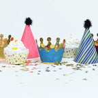Colorful mini crowns and party hats for birthday theme from Parte Haus party supply store in Bethesda MD