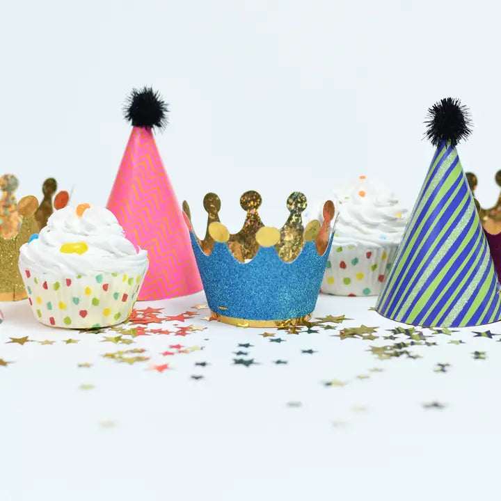 Colorful mini crowns and party hats for birthday theme from Parte Haus party supply store in Bethesda MD