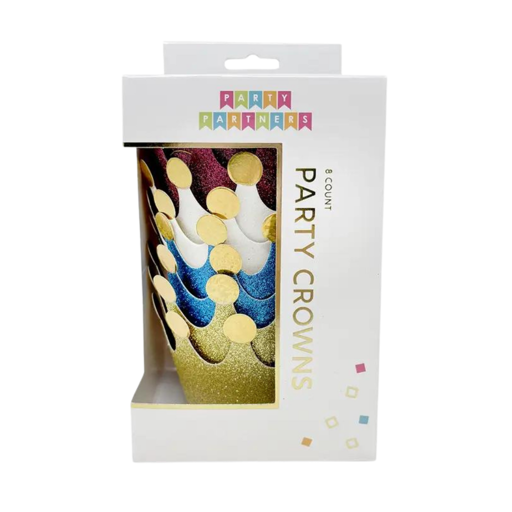 Colorful glitter mini crowns with gold dots for birthday celebration from Parte Haus party supply store in Bethesda MD