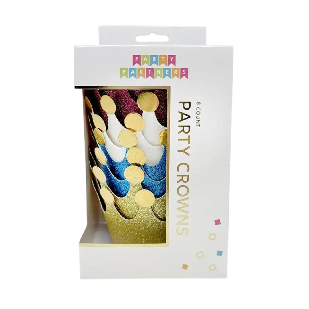Colorful glitter mini crowns with gold dots for birthday celebration from Parte Haus party supply store in Bethesda MD