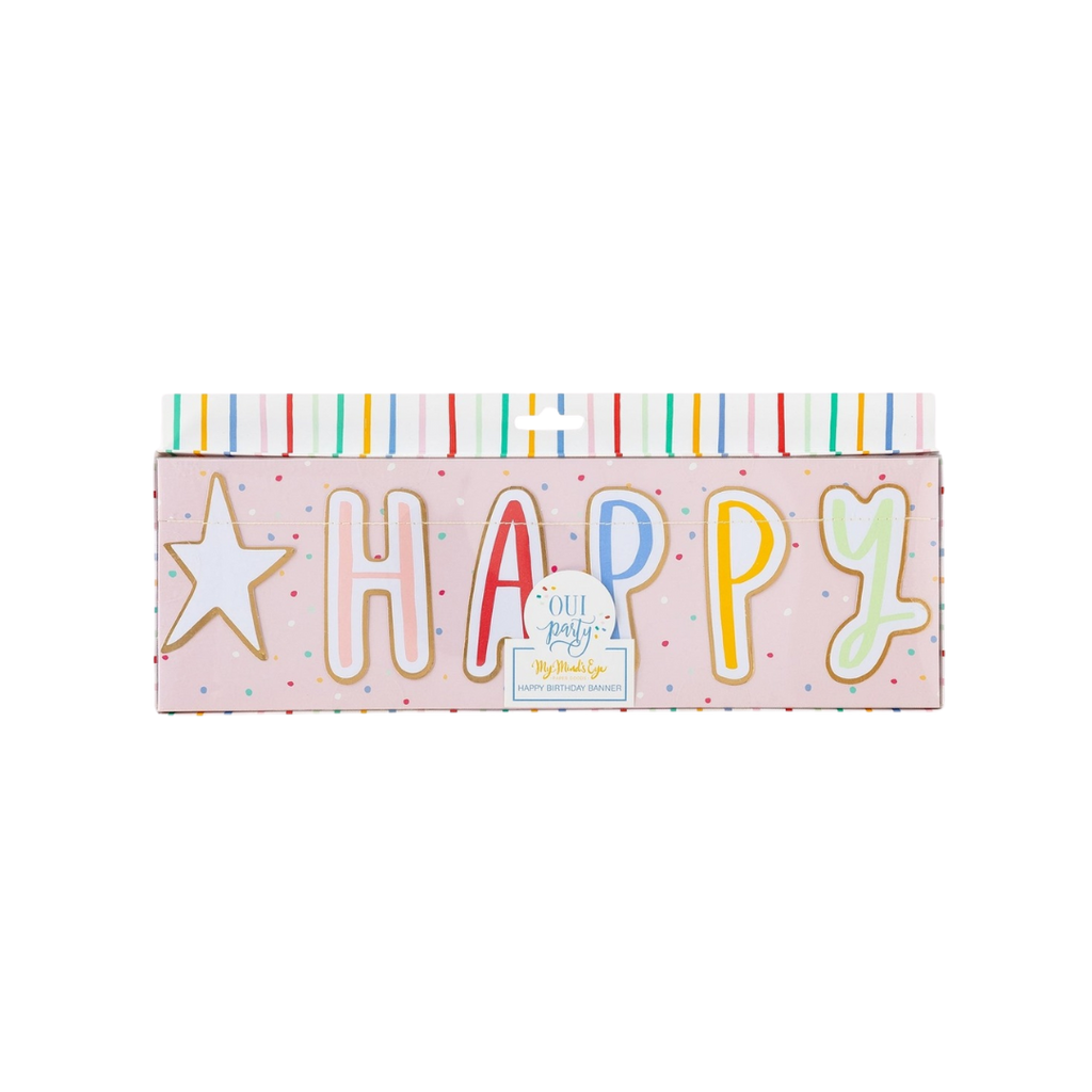 Colorful Happy Birthday banner with playful letters and star birthday theme from Parte Haus party supply store in Bethesda Maryland