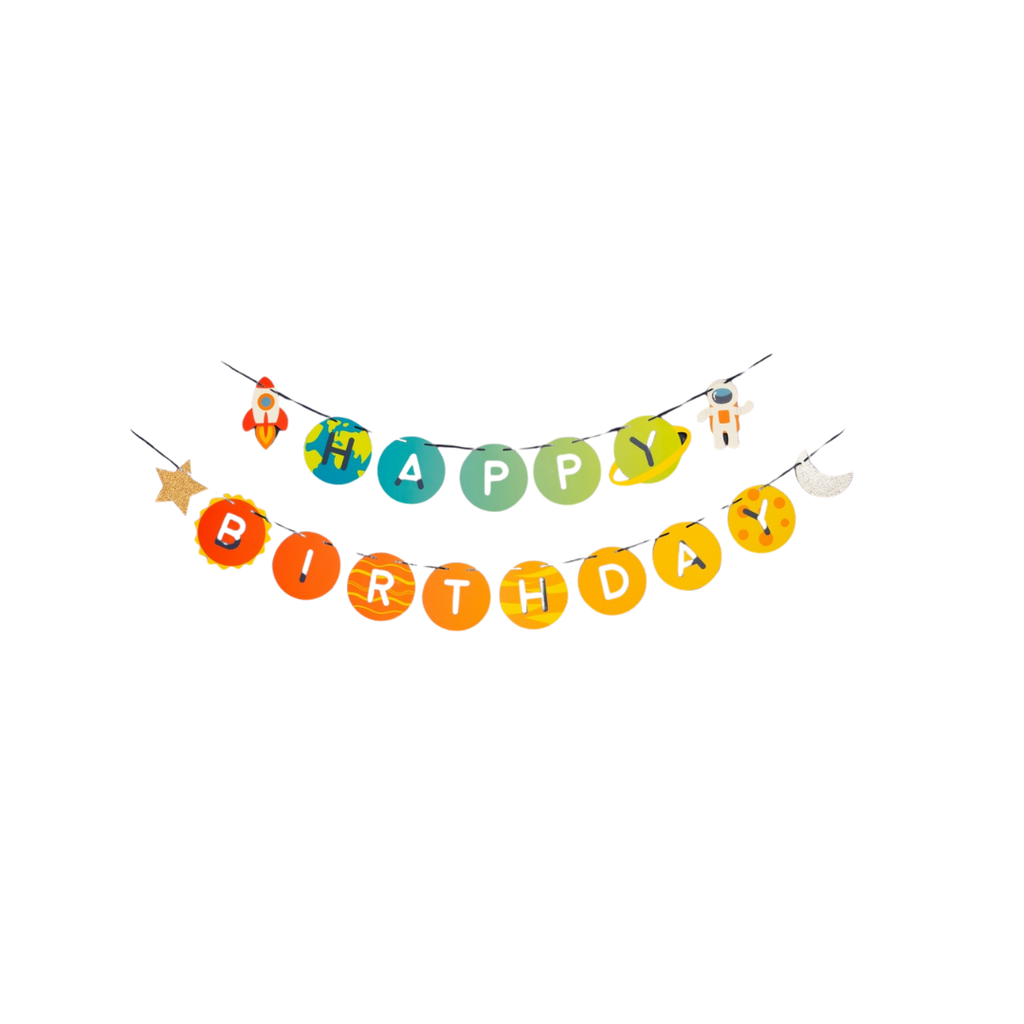 Colorful space birthday banner with rocket and astronaut cosmic theme from Parte Haus party supply store in Bethesda MD