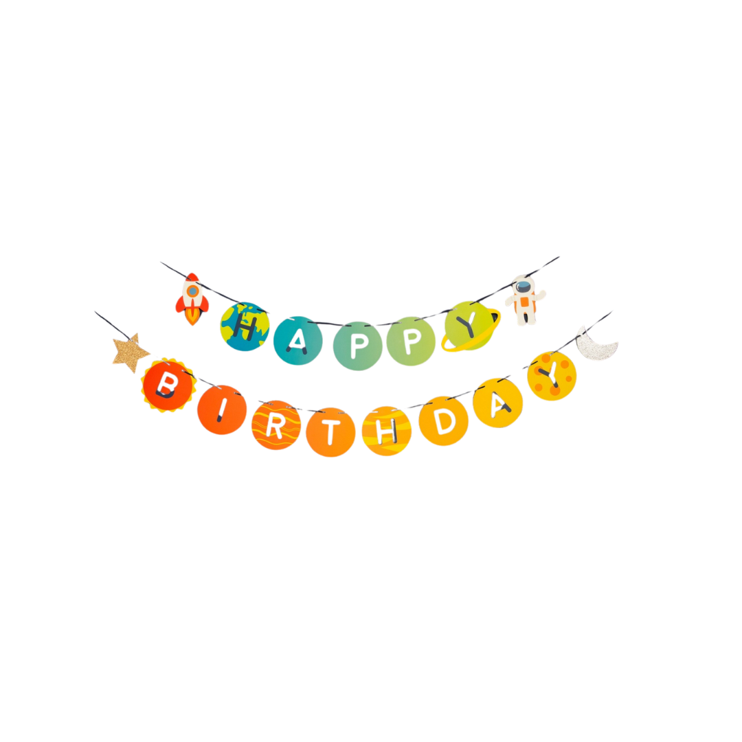 Colorful space birthday banner with rocket and astronaut cosmic theme from Parte Haus party supply store in Bethesda MD