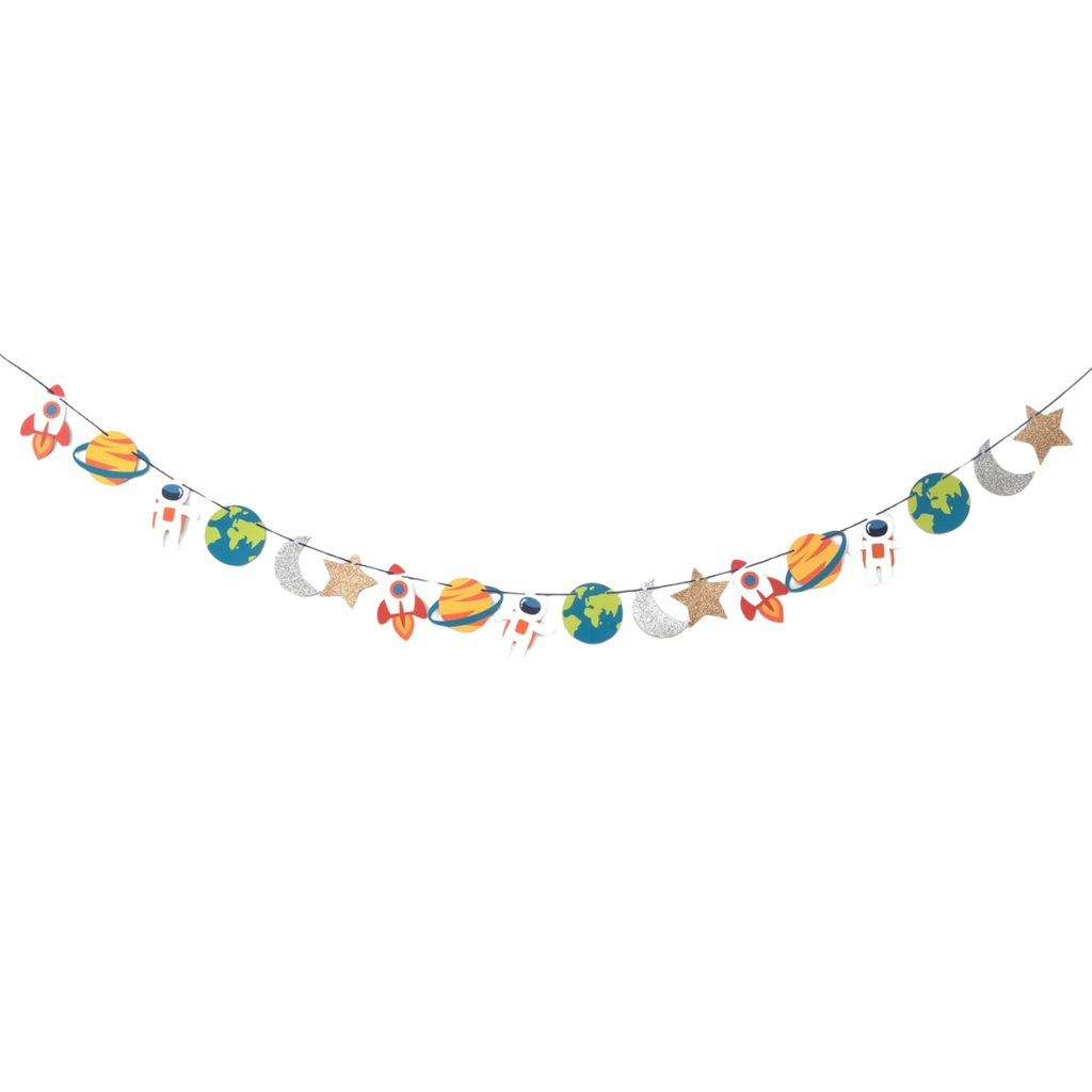 Colorful galaxy birthday garland with planets rockets and astronauts space theme from Parte Haus party supply store in Bethesda MD