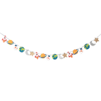 Colorful galaxy birthday garland with planets rockets and astronauts space theme from Parte Haus party supply store in Bethesda MD