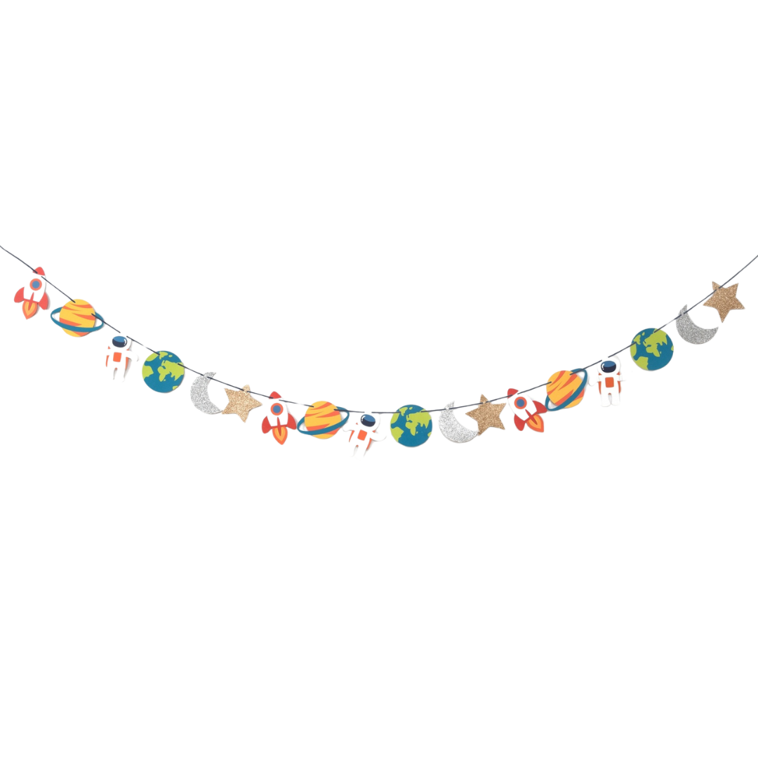 Colorful galaxy birthday garland with planets rockets and astronauts space theme from Parte Haus party supply store in Bethesda MD