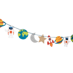 Colorful space themed birthday garland with astronauts planets and stars from Parte Haus party supply store in Bethesda MD