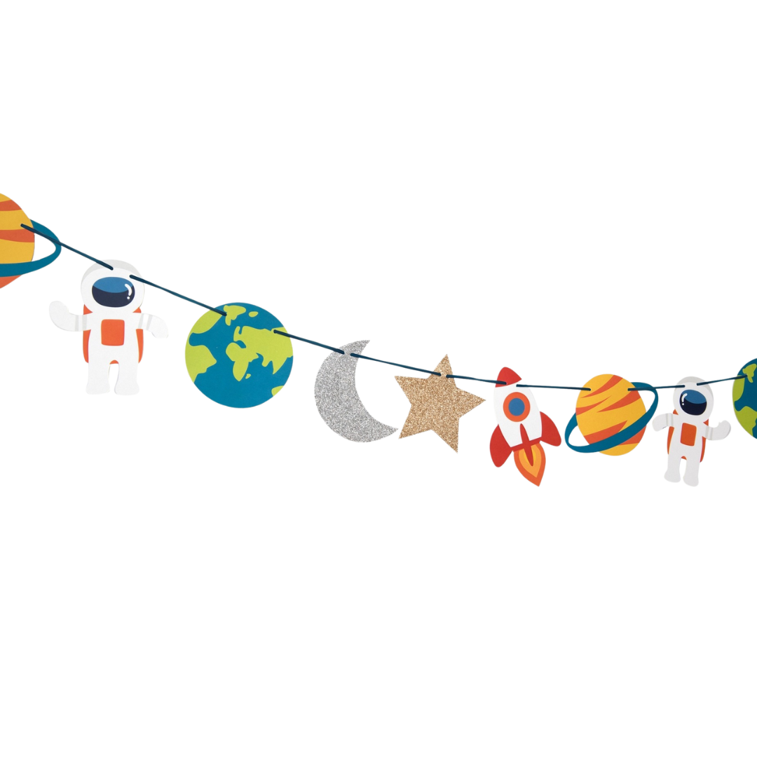 Colorful space themed birthday garland with astronauts planets and stars from Parte Haus party supply store in Bethesda MD