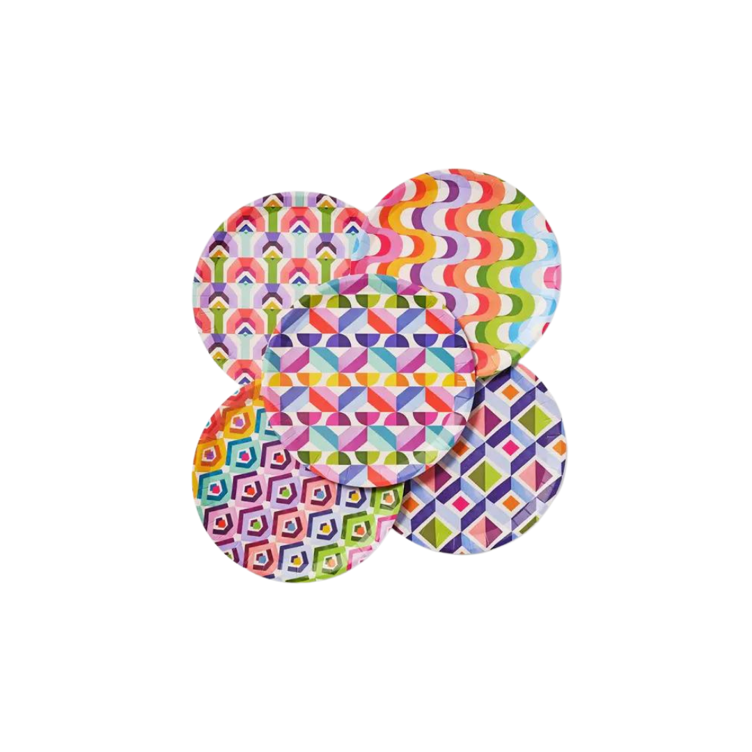 Colorful geometric paper plates with bold patterns for celebration from Parte Haus party supply store in Bethesda MD