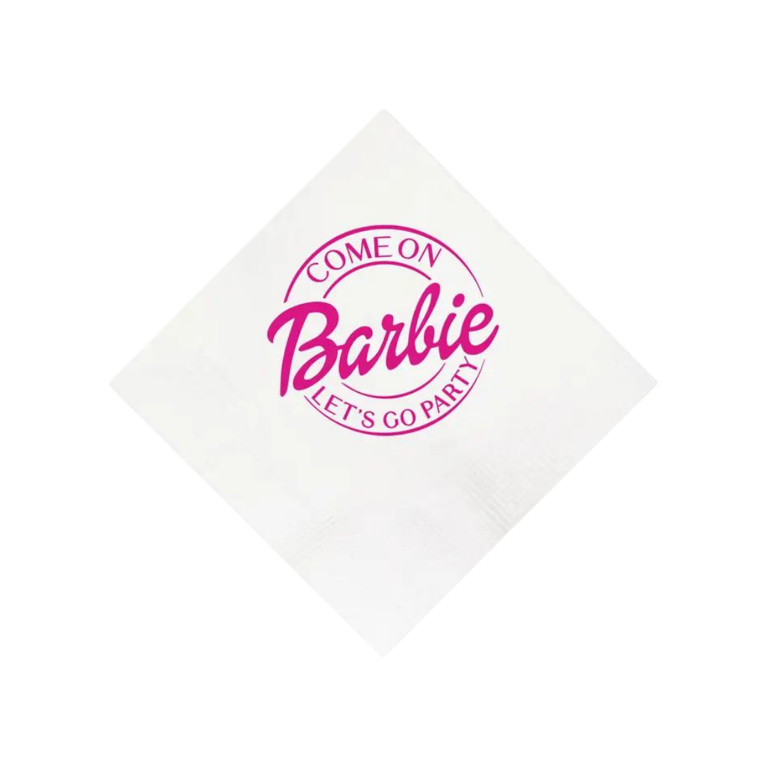 White Barbie themed napkin with pink text for birthday celebration from Parte Haus party supply store in Bethesda MD