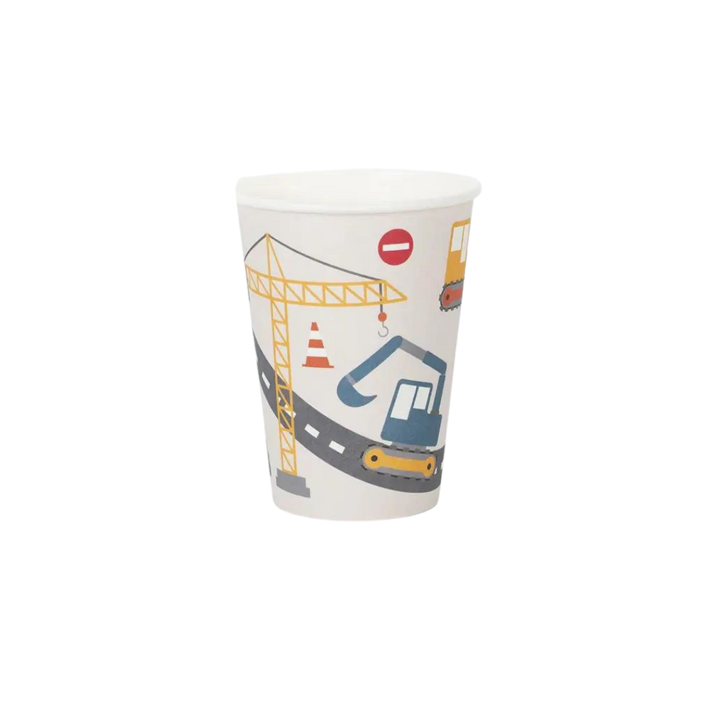 multicolor construction paper cup with crane and excavator for kids birthday from Parte Haus party supply store in Bethesda MD