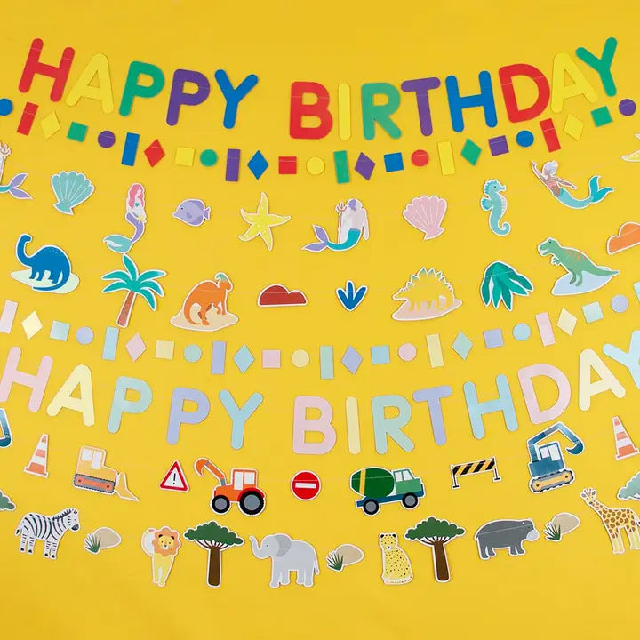Colorful construction and animal paper garland banner for birthday from Parte Haus party supply store in Bethesda Maryland