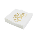 White napkin with gold Oh Baby lettering for baby shower from Parte Haus party supply store in Bethesda Maryland