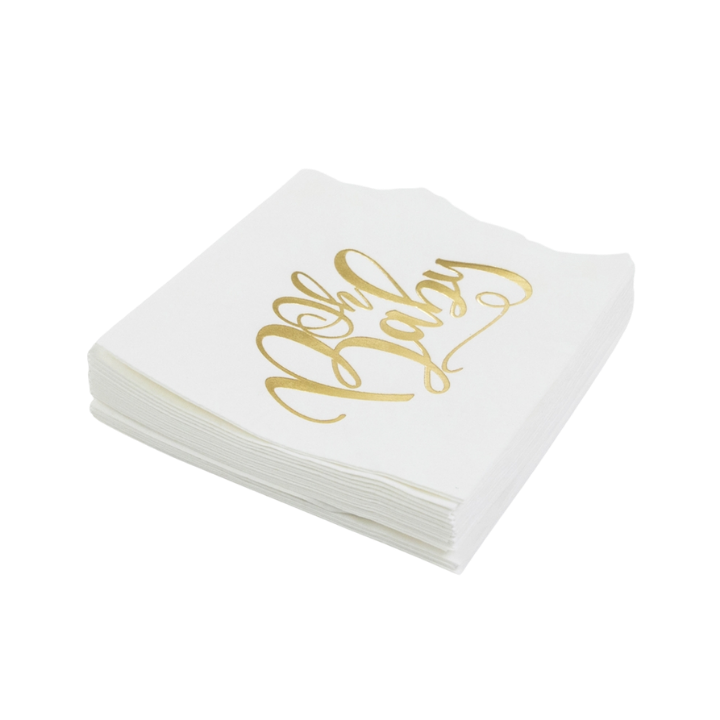 White napkin with gold Oh Baby lettering for baby shower from Parte Haus party supply store in Bethesda Maryland