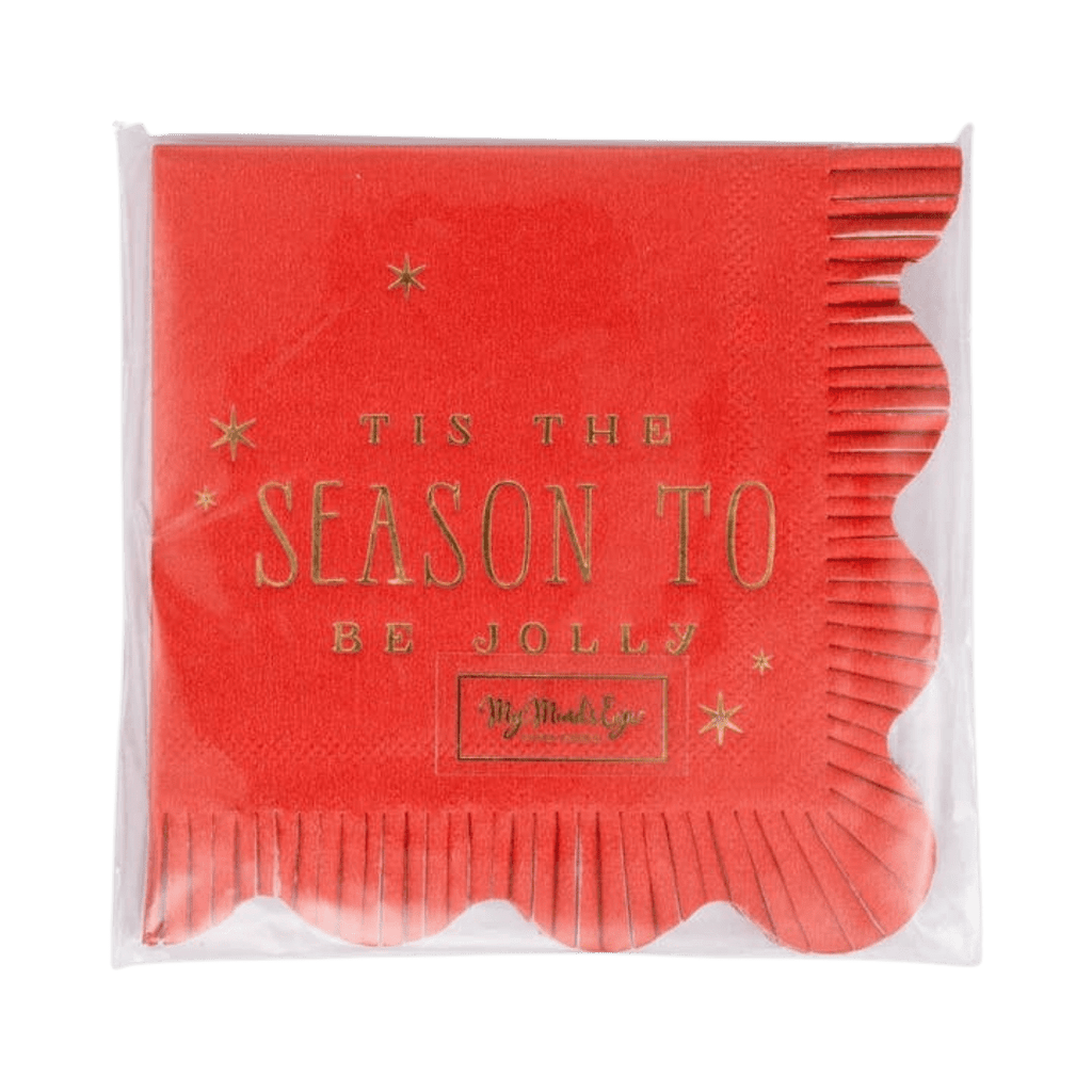 Red napkin with gold Tis the Season to Be Jolly Christmas design from Parte Haus party supply store in Bethesda MD