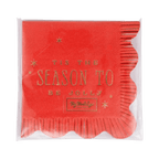 Red napkin with gold Tis the Season to Be Jolly Christmas design from Parte Haus party supply store in Bethesda MD