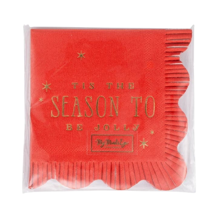 Red with Gold Fringed "Tis the Season To Be Jolly" Christmas Cocktail Napkins