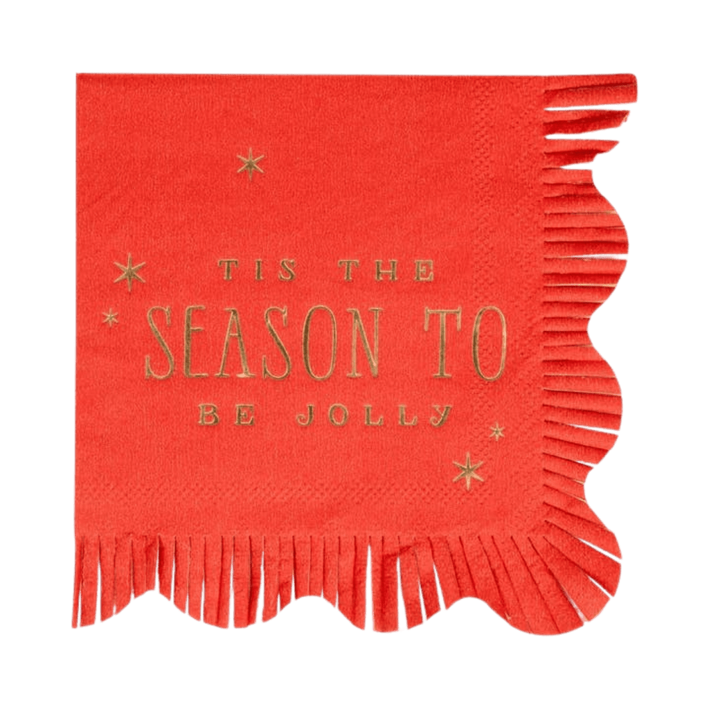 Red napkin with gold Tis the Season to Be Jolly text and fringed edges Christmas from Parte Haus party supply store in Bethesda Maryland