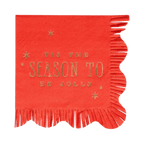 Red napkin with gold Tis the Season to Be Jolly text and fringed edges Christmas from Parte Haus party supply store in Bethesda Maryland