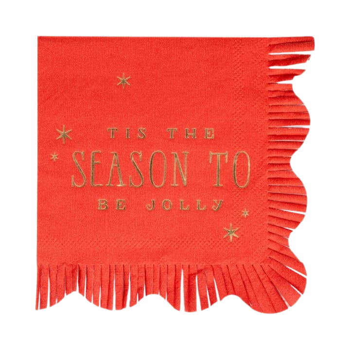 Red with Gold Fringed "Tis the Season To Be Jolly" Christmas Cocktail Napkins