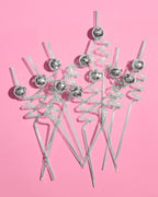 Silver disco ball swirl straws for celebration theme from Parte Haus party supply store in Bethesda Maryland